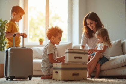 Famille heureuse préparant ses valises dans le salon lumineux