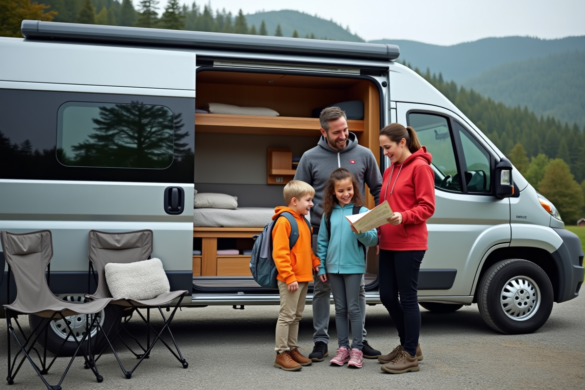 Famille souriante devant un van de camping moderne