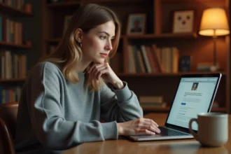 Femme analysant un site de tchat en ligne sur son ordinateur portable avec une expression critique et réfléchie