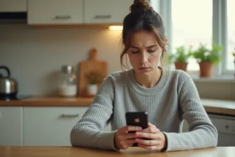Femme inquiète regardant un numéro de portable inconnu sur son smartphone, tentant d'identifier un appel suspect