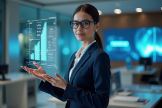 Femme professionnelle interagissant avec une interface bancaire numérique