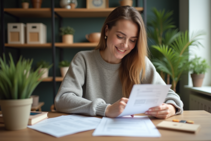 Jeune femme en train de revoir ses factures à la maison