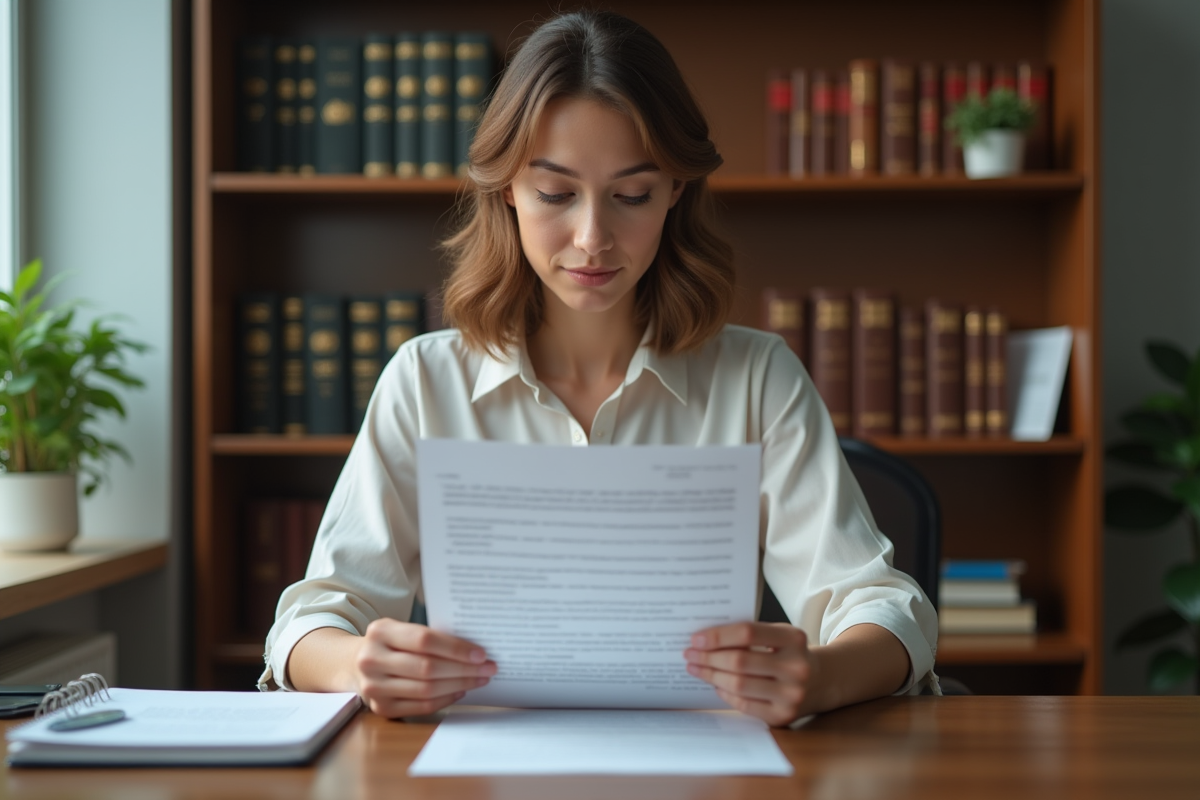 Femme en tenue professionnelle lisant une lettre dans un bureau