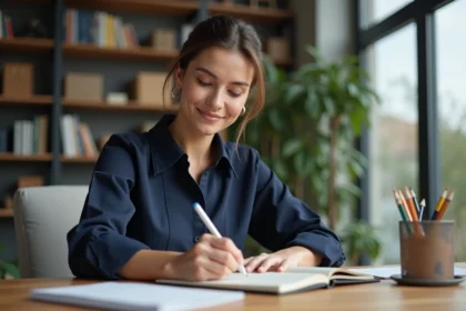 Femme souriante travaillant à son bureau à domicile