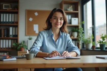 Femme au bureau moderne travaillant sur son ordinateur
