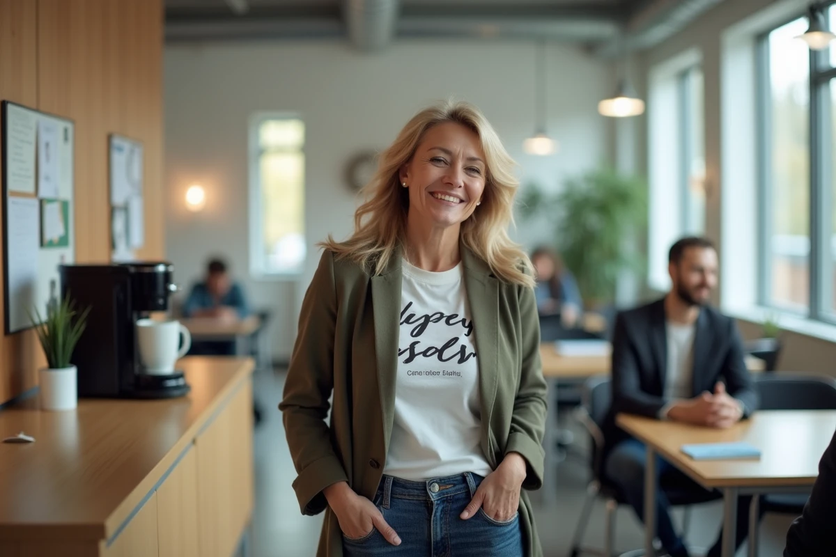 Femme en blazer partageant un sourire au bureau