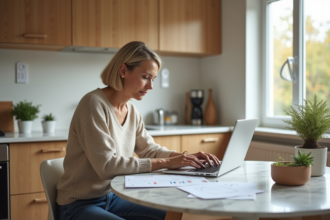 Femme calculant la valeur d'une maison dans la cuisine