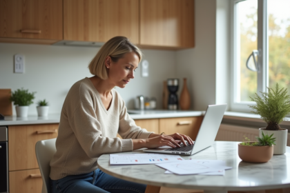 Femme calculant la valeur d'une maison dans la cuisine