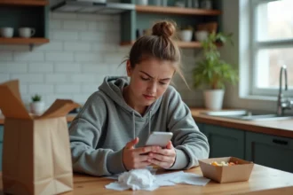 Jeune femme frustrée cherchant le numéro de service client Uber Eats sur son smartphone dans une cuisine moderne