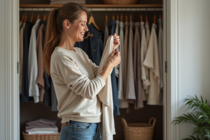 Femme inspectant un vêtement usé dans son placard à la maison