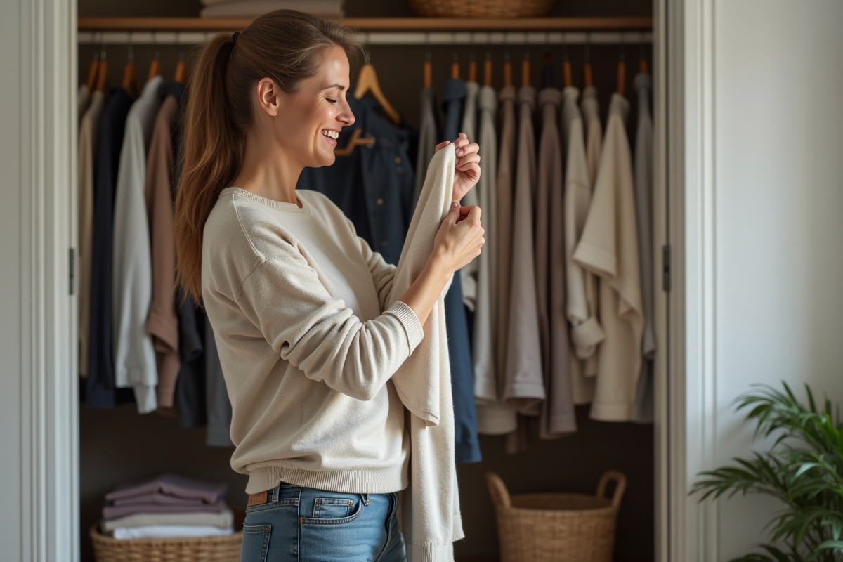Femme inspectant un vêtement usé dans son placard à la maison