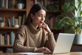 Femme cherchant le mot de passe Codycross du jour sur son ordinateur portable à son bureau