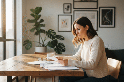 Jeune femme examine des documents immobiliers chez elle