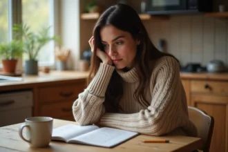 Jeune femme en sweater écrivant dans un livre de mots croises