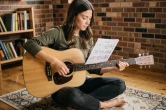 Jeune femme débutante apprenant la guitare acoustique Atlantic dans un appartement cosy avec un livre d'accords