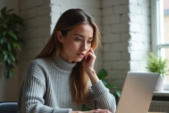 Jeune femme explorant un site de comparaison de bons plans sur son ordinateur portable dans un bureau à domicile