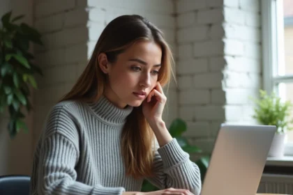 Jeune femme explorant un site de comparaison de bons plans sur son ordinateur portable dans un bureau à domicile