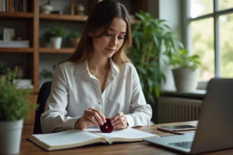 Femme dessinant une rune dans un bureau cosy