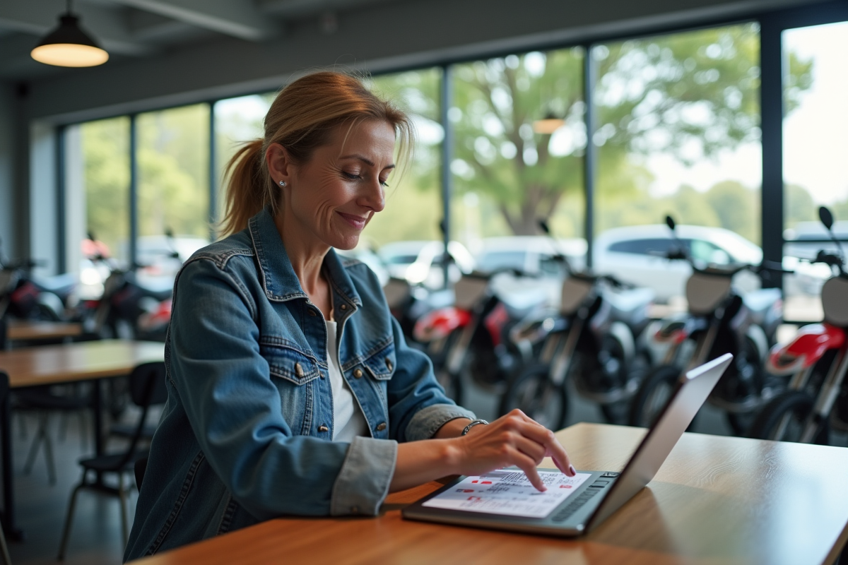 Femme regarde un tableau de prix motocross dans le dealership