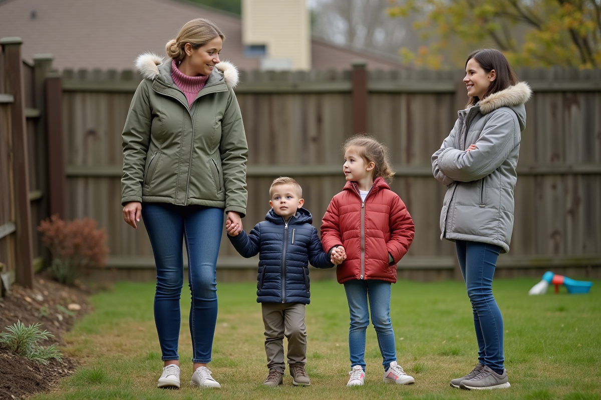 Femme et enfants dans le jardin familial en été