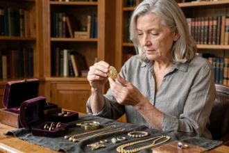 Femme examinant un bijou ancien hérité avec une loupe sur un bureau en bois couvert de boîtes à bijoux en velours