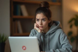 Jeune femme frustrée devant un écran d'ordinateur affichant une page d'erreur, symbolisant un site inaccessible comme France Vidcaps
