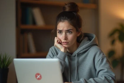 Jeune femme frustrée devant un écran d'ordinateur affichant une page d'erreur, symbolisant un site inaccessible comme France Vidcaps