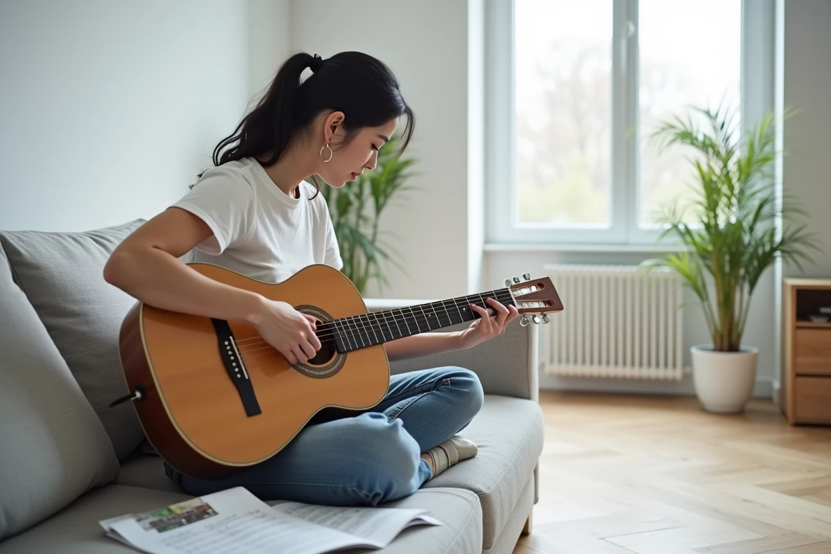 Femme apprenant la guitare acoustique avec une tablature imprimée de Mistral Gagnant sur un canapé