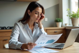 Femme d'affaires examine des documents immobiliers dans une cuisine moderne