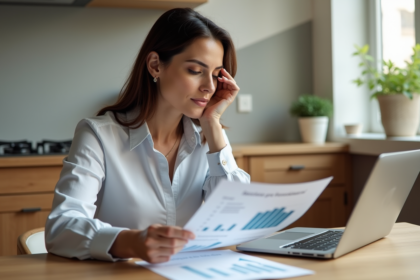 Femme d'affaires examine des documents immobiliers dans une cuisine moderne