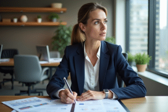 Femme professionnelle en réunion avec documents SCPI