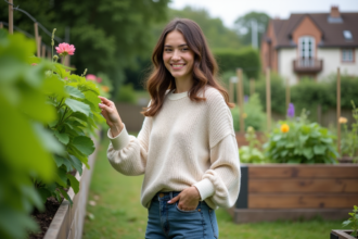 Jeune femme dans un jardin communautaire vert et fleuri