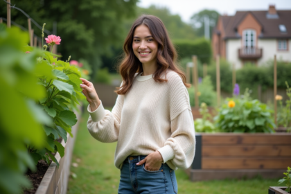 Jeune femme dans un jardin communautaire vert et fleuri