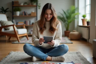 Jeune femme joue à Monopoly Go sur tablette dans un salon lumineux