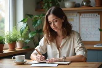Femme écrivant dans un journal près d'une fenêtre avec calendrier lunaire