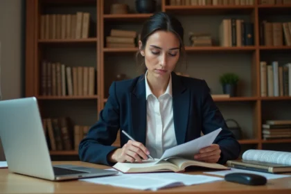 Femme juriste lisant des documents légaux sur les droits d'auteur à son bureau
