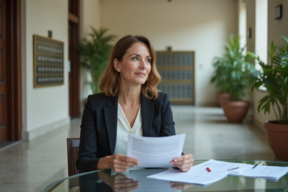 Femme d'âge moyen lisant des documents dans un hall d'immeuble