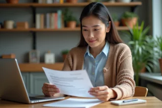 Femme lisant une lettre dans une cuisine chaleureuse