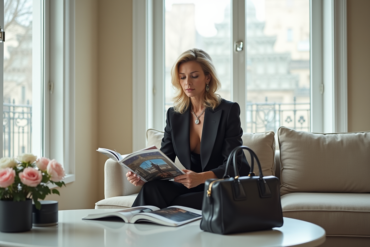 Femme lisant un magazine de mode dans une pièce lumineuse