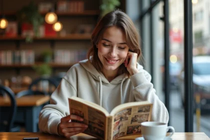 Jeune femme lisant un manga dans un café urbain