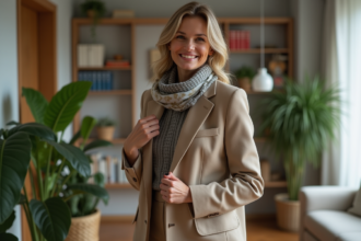 Femme élégante en blazer et foulard dans un appartement moderne