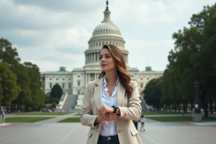 Femme consultant sa montre devant le Capitole de Washington D.C. lors d'un voyage aux États-Unis