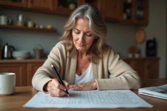 Femme concentrée remplissant une grille de mots fléchés à une table en bois avec un stylo bille noir