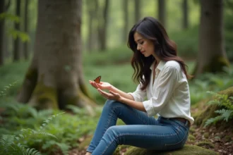 Femme contemplative avec papillon dans la forêt