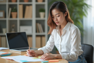 Jeune femme organisant des notes colorées sur un bureau lumineux