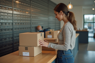 Femme examinant des colis dans un bureau de poste moderne