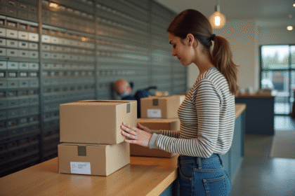 Femme examinant des colis dans un bureau de poste moderne