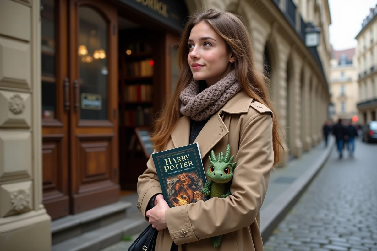 Femme française devant une librairie avec Harry Potter et peluche dragon