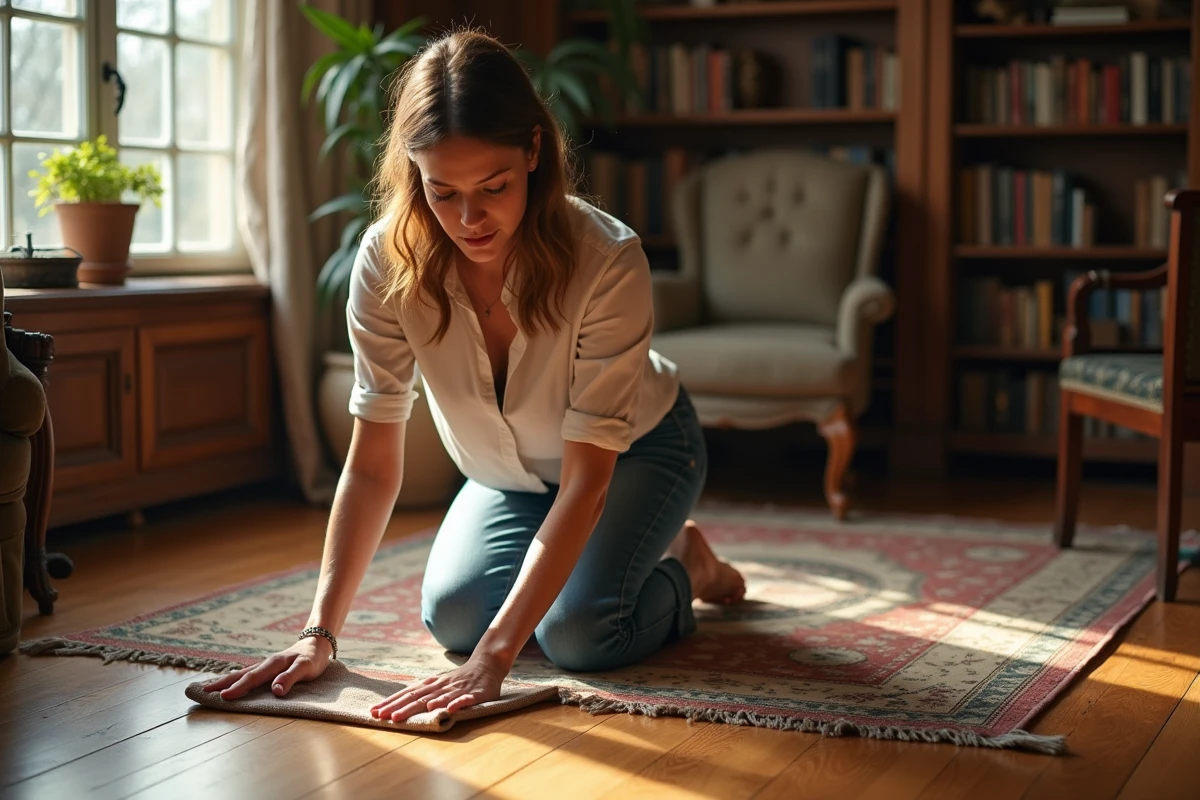 Femme appliquant cire sur parquet ancien dans salon lumineux