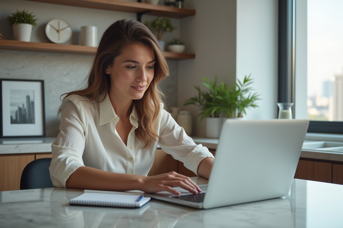 Jeune femme étudiant un portefeuille immobilier à la maison